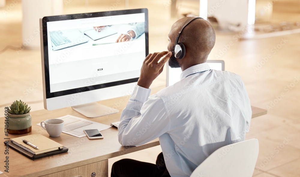 Poster Black man, call center and computer for tech support, communication and crm help at desk in office. Telemarketing expert, contact us and pc at desk for customer service for consulting on voip tech