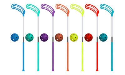 A set of colorful floorball stick and balls on a white background