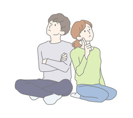 背中合わせに座り上を見上げて悩む、困る若い男女、夫婦