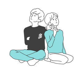 座り込んで上を向き悩む男性と女性（夫婦、パートナー、男女）