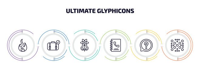 ultimate glyphicons infographic element with outline icons and 6 step or option. ultimate glyphicons icons such as round flame, suitcase with check, flower with leaves, call contact, question