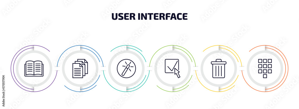Poster user interface infographic element with outline icons and 6 step or option. user interface icons suc