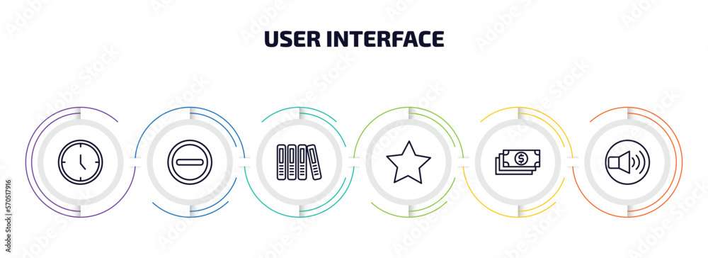Poster user interface infographic element with outline icons and 6 step or option. user interface icons suc