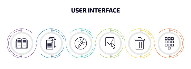 user interface infographic element with outline icons and 6 step or option. user interface icons such as open diary, multiple file, magic wand button, check box with cursor, delete button, telephone