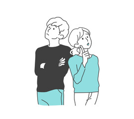 背中合わせに立って天を仰ぎ悩む、困っている若い男女、夫婦