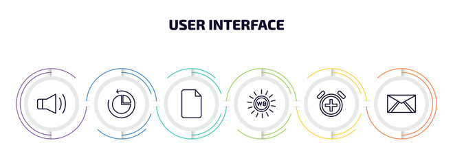 user interface infographic element with outline icons and 6 step or option. user interface icons such as loud audio, reload pie chart, blank file, white balance, alarm button, envelope with message