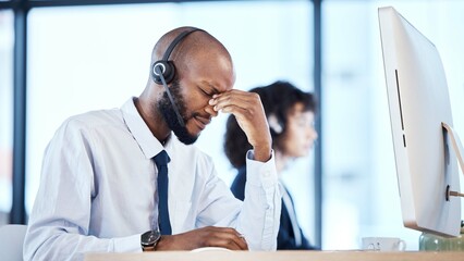 Stress, burnout and headache by call center worker, employee and customer service consultant in...
