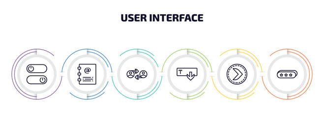 user interface infographic element with outline icons and 6 step or option. user interface icons such as on off power button, contact notebook, user exchange, text out, right button, 3d bars vector.