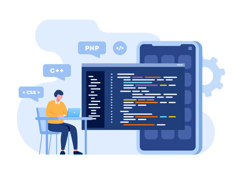 Web development. programming languages. css, html, it, ui. programmer cartoon character developing website, coding. flat illustration banner