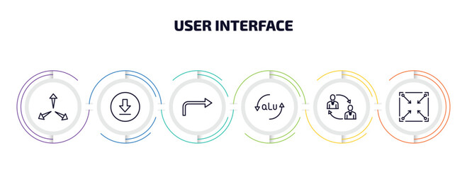 user interface infographic element with outline icons and 6 step or option. user interface icons such as expand arrows, downloading, turn right arrow, alu, job transition, corner widget vector.