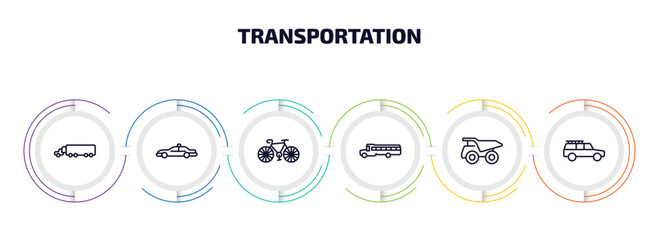 transportation infographic element with outline icons and 6 step or option. transportation icons such as eighteen-wheeler, patrol car, vintage bicycle, school bus, haul, off road vector. © Farahim