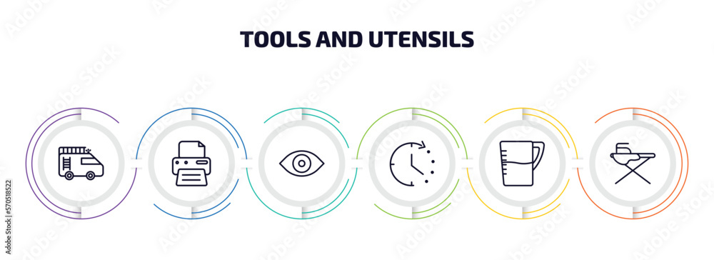 Poster tools and utensils infographic element with outline icons and 6 step or option. tools and utensils i