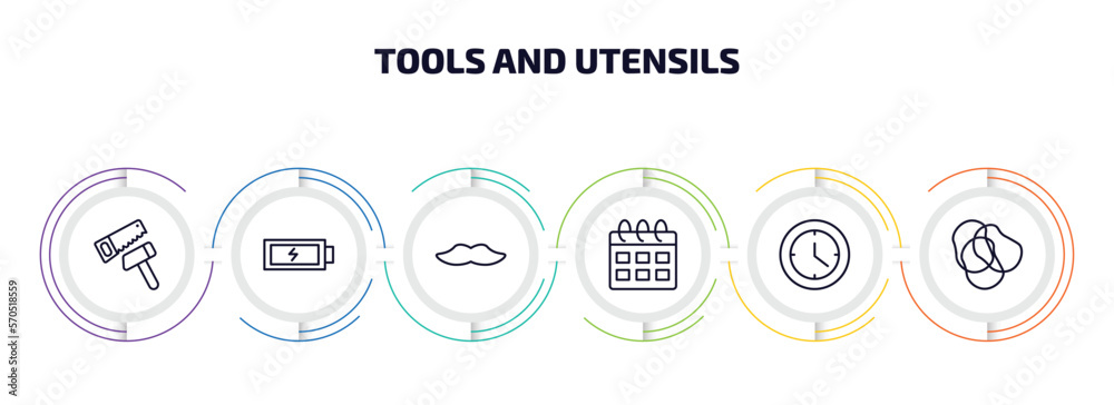 Poster tools and utensils infographic element with outline icons and 6 step or option. tools and utensils i