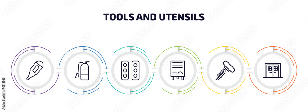 Poster tools and utensils infographic element with outline icons and 6 step or option. tools and utensils i