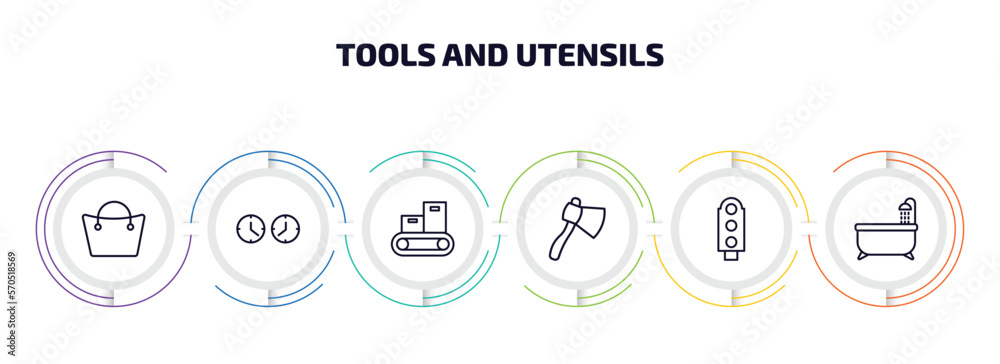 Poster tools and utensils infographic element with outline icons and 6 step or option. tools and utensils i