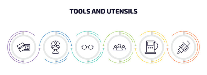 tools and utensils infographic element with outline icons and 6 step or option. tools and utensils icons such as chote box, table fan, reading glasses, squad, fuel oil bomb service, tattoo vector.