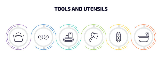 tools and utensils infographic element with outline icons and 6 step or option. tools and utensils icons such as bag with big handle, clocks, packing hine, hand axe, semaphore light, bath tub