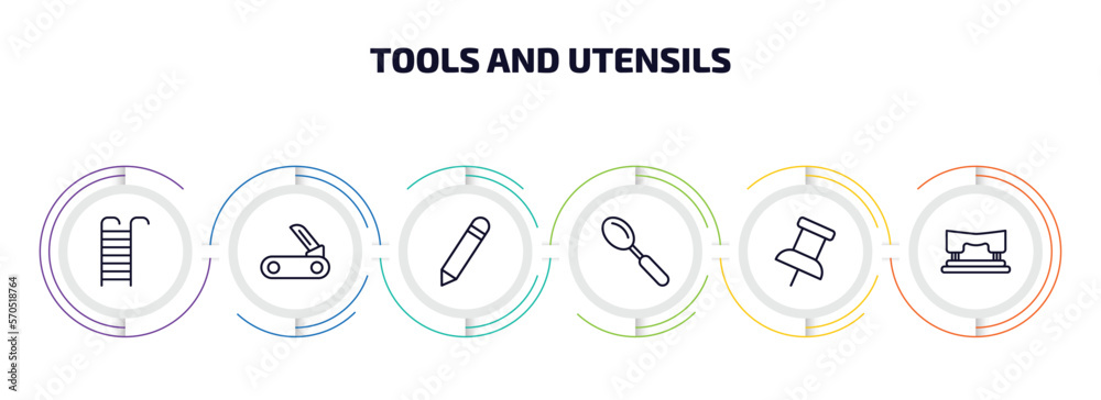 Poster tools and utensils infographic element with outline icons and 6 step or option. tools and utensils i