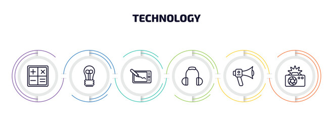 technology infographic element with outline icons and 6 step or option. technology icons such as mathematical operations, light bulb turned off, drawing tablet, big headphones, modern horn, camera