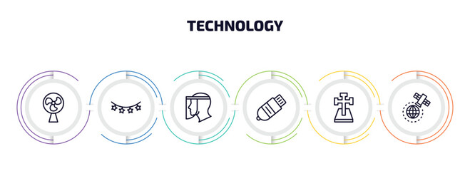 technology infographic element with outline icons and 6 step or option. technology icons such as ventilator, tinsel, face shield, inclined pendrive, cross stuck in ground, satellite in orbit vector.