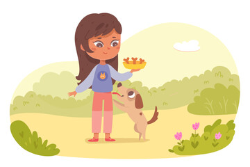Obraz na płótnie Canvas Girl feeding dog vector illustration. Cartoon kid in nature holding plate of bones to feed cute fluffy purebred puppy, happy adorable little pet jumping with funny tongue out and playing near child