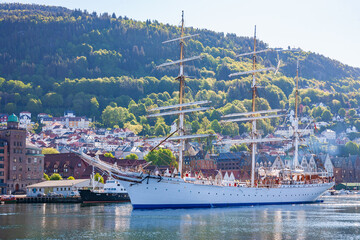 Sailing ship in the bay at the city Bergen in Norway