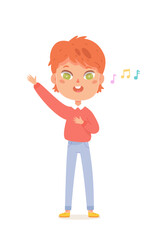Cute boy singing song vector illustration. Cartoon isolated happy kawaii male singer standing to sing to music at Christmas party, choir performance or school concert on stage