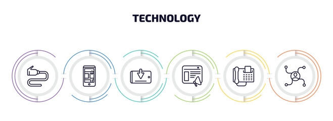 technology infographic element with outline icons and 6 step or option. technology icons such as wired connection, touristic, receive, content marketing, fax phone, affiliate marketing vector.