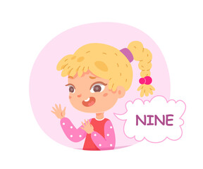Kid counting to nine vector illustration. Cartoon isolated cute preschool girl inside pink figure showing 9 fingers gesture to count and study numbers, arithmetic and basic math in kindergarten