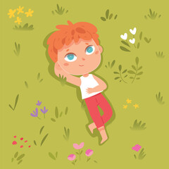 Cute child lying on green grass of summer park with lawn or playground, top view vector illustration. Cartoon boy on meadow, funny child relaxing among plants and flowers during picnic background