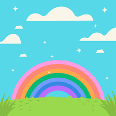 Fototapeta na wymiar latar belakang datar untuk anak kecil dengan rumput, pelangi dan awan. illustration