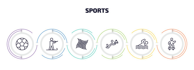 sports infographic element with outline icons and 6 step or option. sports icons such as football ball, biathlon, fishing net, waiter falling, swimming figure, skating vector.