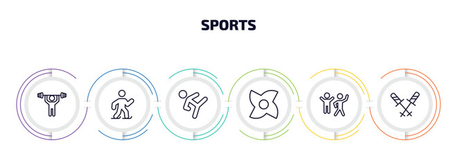 sports infographic element with outline icons and 6 step or option. sports icons such as weight lifting, ice skating man, taekwondo, ninja shuriken, excercise, ski poles vector.