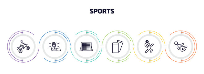 sports infographic element with outline icons and 6 step or option. sports icons such as motocross, sprained ankle, hockey goal, amonestation, volleyball motion, karate fighter vector.