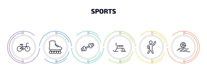 sports infographic element with outline icons and 6 step or option. sports icons such as race bike, roller skate, gym weight, skibob, stretching, waterpolo vector.