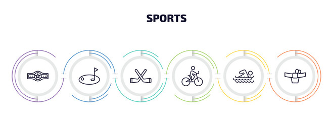 sports infographic element with outline icons and 6 step or option. sports icons such as boxer with belt, golf, hockey, bicycle rider, swimming man, mawashi vector.