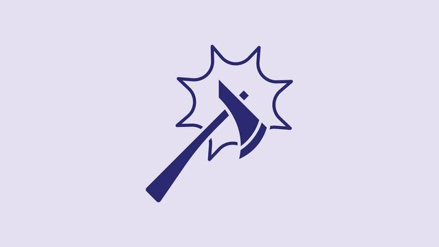 Blue Firefighter axe icon isolated on purple background. Fire axe. 4K Video motion graphic animation