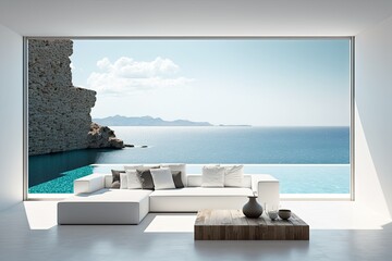 Interior of modern living room sofa or couch with beautiful sea view. Generative AI
