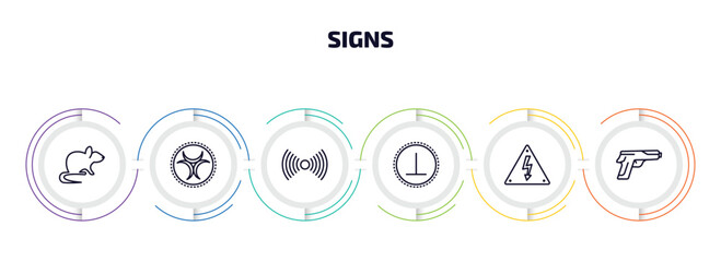 signs infographic element with outline icons and 6 step or option. signs icons such as rats, toxic waste, noise, perpendicular, high voltage, guns vector.