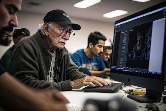 AI-generated image of an older man studying computer science in a class of young people, social inclusion