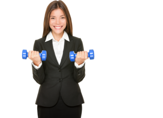 Business woman in suit lifting dumbbell weights. Business training, strength and success concept with young multicultural Asian Caucasian professional businesswoman isolated on white background.
