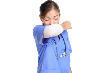 Sneezing woman medical nurse or doctor doing elbow sneeze being sick having the cold flu. Sneezing instruction concept with person in medical scrubs. Young female isolated on white background
 - Powered by Adobe