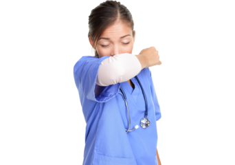 Sneezing woman medical nurse or doctor doing elbow sneeze being sick having the cold flu. Sneezing instruction concept with person in medical scrubs. Young female isolated on white background
