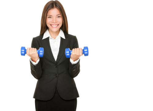 Business woman in suit lifting dumbbell weights. Business training, strength and success concept with young multicultural Asian Caucasian professional businesswoman isolated on white background.
