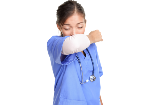 Sneezing woman medical nurse or doctor doing elbow sneeze being sick having the cold flu. Sneezing instruction concept with person in medical scrubs. Young female isolated on white background