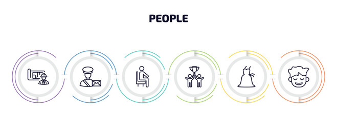 people infographic element with outline icons and 6 step or option. people icons such as architect, postman working, sit down, succes team, bridesmaids, relieved smile vector.