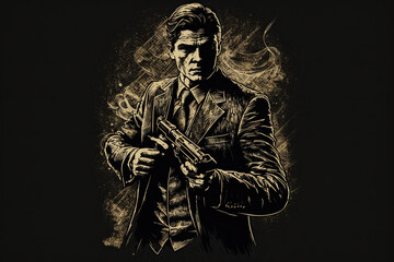 Fototapeta na wymiar Illustration of a man with a gun. Logo. Mafia, gangster. Design. Generative artificial intelligence.