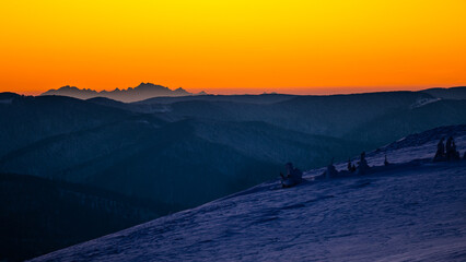 Temperature inversion in the mountains. The Tatra Mountains seen from the Polonina Wetlinska...