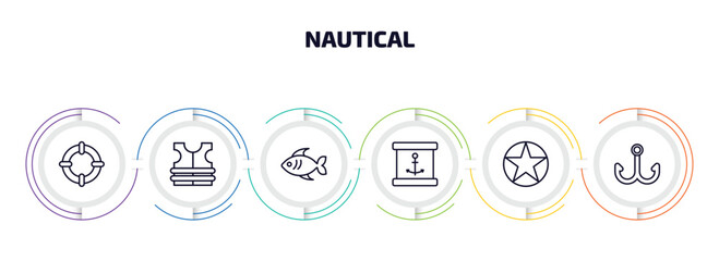 nautical infographic element with outline icons and 6 step or option. nautical icons such as life preserver, life jacket, fish, sea package, star inside circle, double bait vector.