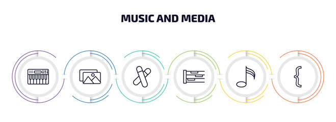 music and media infographic element with outline icons and 6 step or option. music and media icons such as synthesizer, album, clave, whole rest, demisemiquaver, bracket vector.
